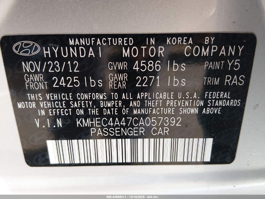 2012 Hyundai Sonata Hybrid VIN: KMHEC4A47CA057392 Lot: 43980311
