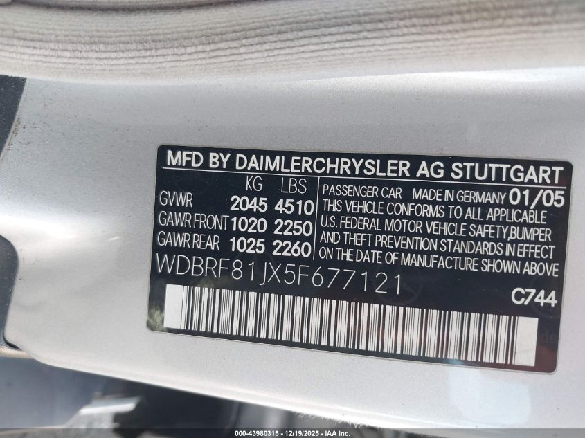 2005 Mercedes-Benz C 240 Luxury 4Matic VIN: WDBRF81JX5F677121 Lot: 43980315