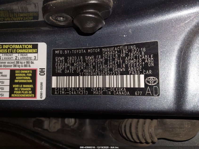 2016 Toyota Corolla S Premium VIN: 2T1BURHE9GC622310 Lot: 43980316