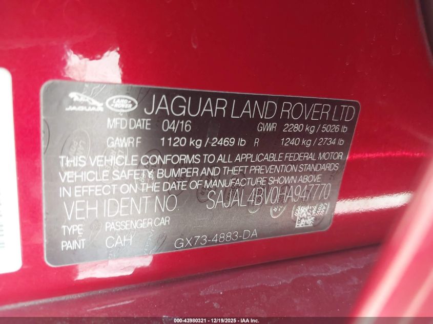 2017 Jaguar Xe 35T R-Sport VIN: SAJAL4BV0HA947770 Lot: 43980321