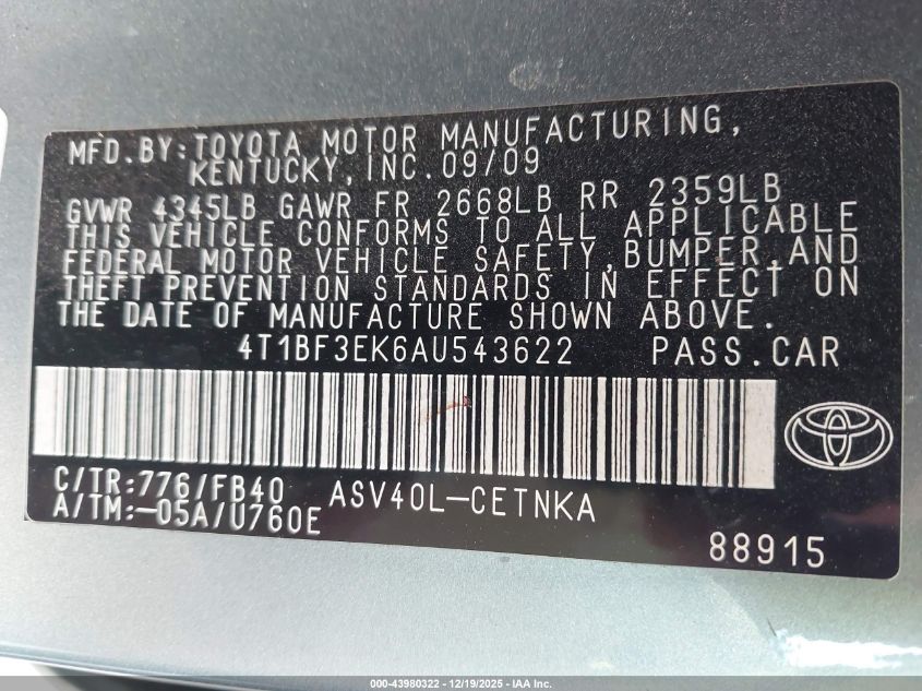 2010 Toyota Camry Le VIN: 4T1BF3EK6AU543622 Lot: 43980322