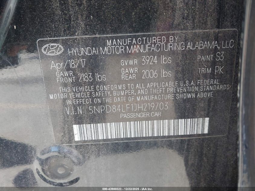 2018 Hyundai Elantra Sel VIN: 5NPD84LF1JH219703 Lot: 43980323