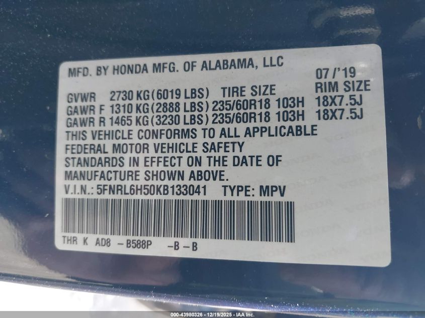 2019 Honda Odyssey Ex VIN: 5FNRL6H50KB133041 Lot: 43980326