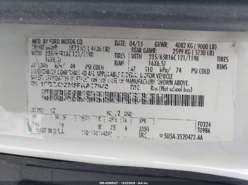 2015 Ford Transit-350 Xlt VIN: 1FBZX2ZM5FKA87948 Lot: 43980327