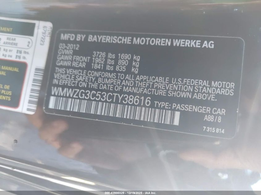 2012 Mini Cooper S Clubman VIN: WMWZG3C53CTY38616 Lot: 43980329