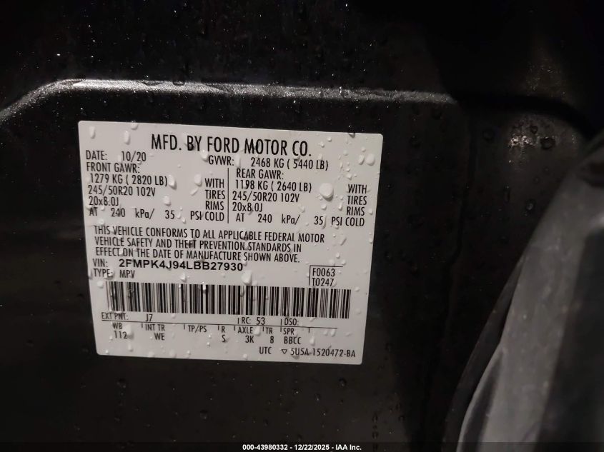 2020 Ford Edge St Line VIN: 2FMPK4J94LBB27930 Lot: 43980332