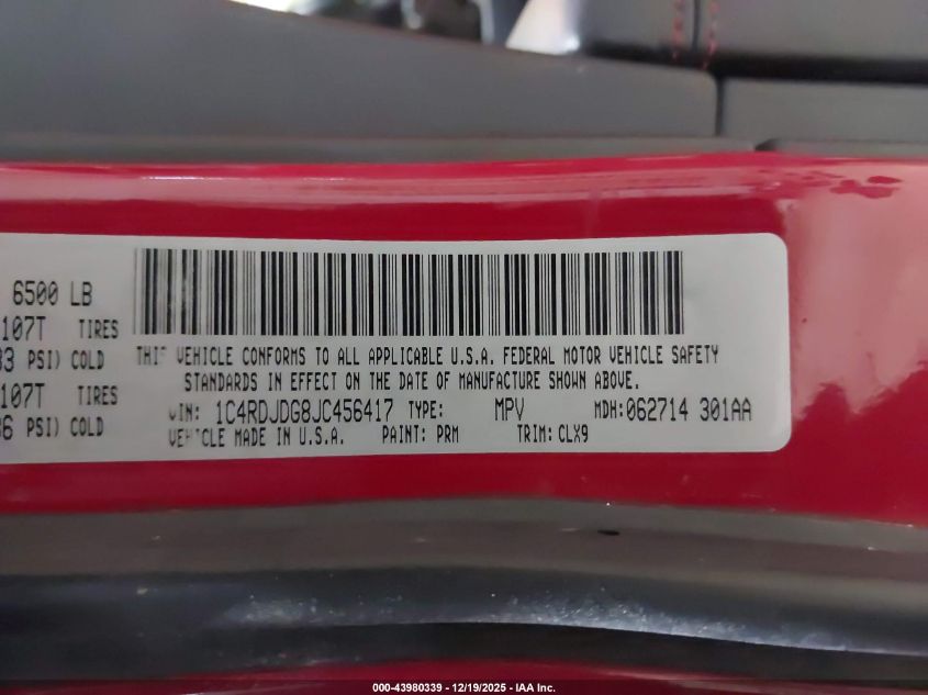 2018 Dodge Durango Gt Awd VIN: 1C4RDJDG8JC456417 Lot: 43980339