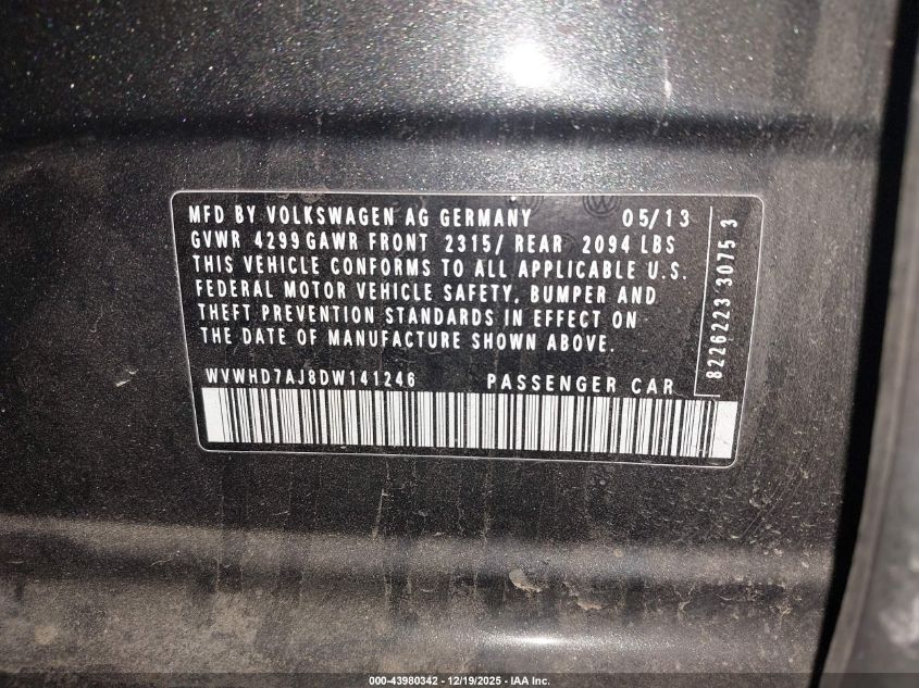 2013 Volkswagen Gti Wolfsburg Edition VIN: WVWHD7AJ8DW141246 Lot: 43980342