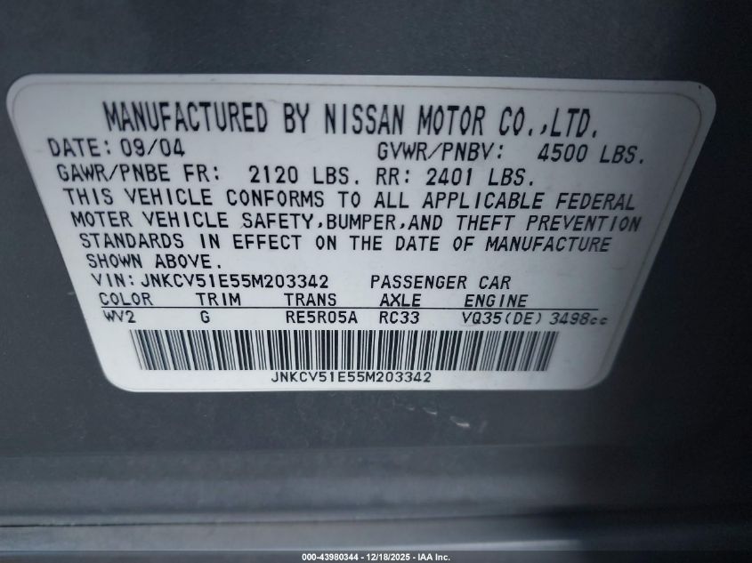 2005 Infiniti G35 VIN: JNKCV51E55M203342 Lot: 43980344