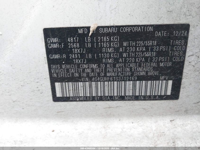 2025 Subaru Crosstrek Sport VIN: 4S4GUHF61S3712169 Lot: 43980354
