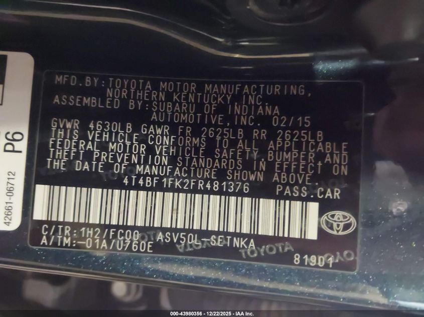 2015 Toyota Camry Le VIN: 4T4BF1FK2FR481376 Lot: 43980356