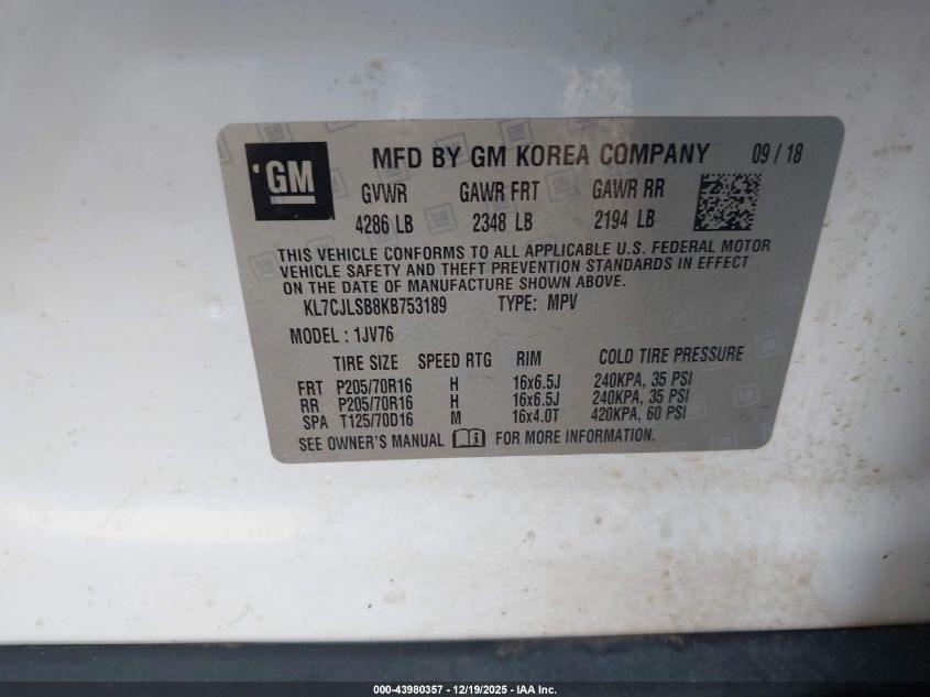 2019 Chevrolet Trax Lt VIN: KL7CJLSBXKB753789 Lot: 43980357