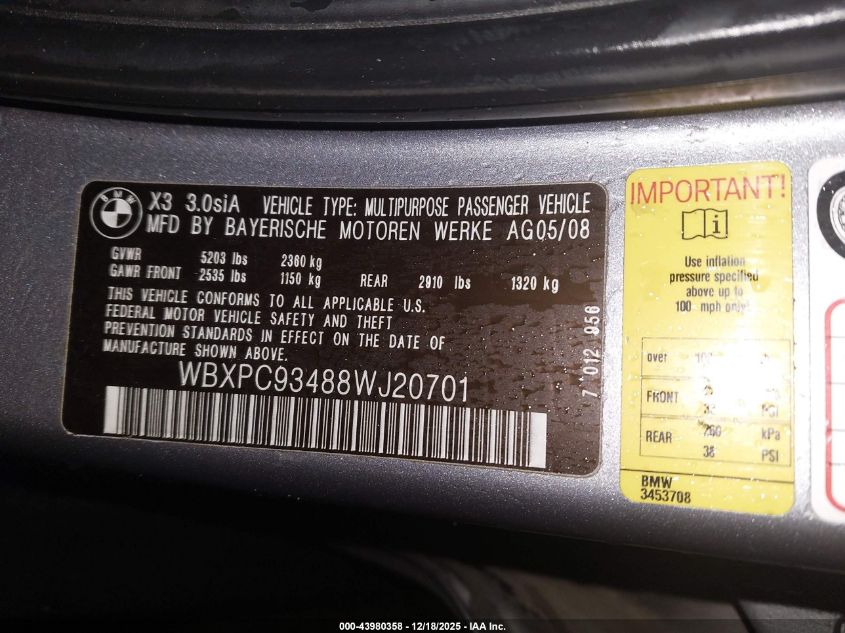 2008 BMW X3 3.0Si VIN: WBXPC93488WJ20701 Lot: 43980358