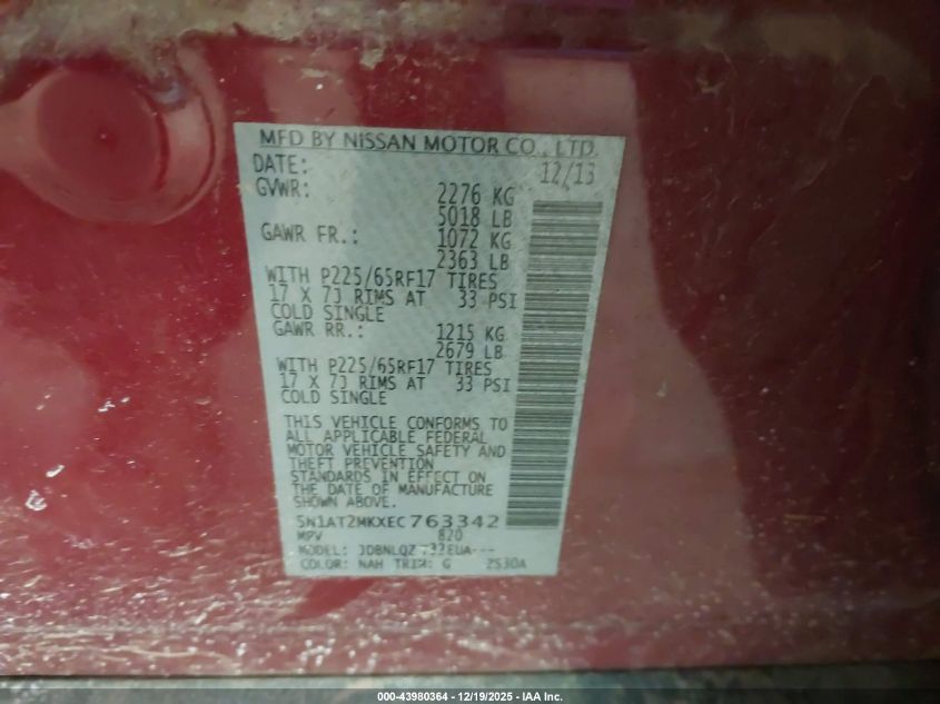 2014 Nissan Rogue Sv VIN: 5N1AT2MKXEC763342 Lot: 43980364