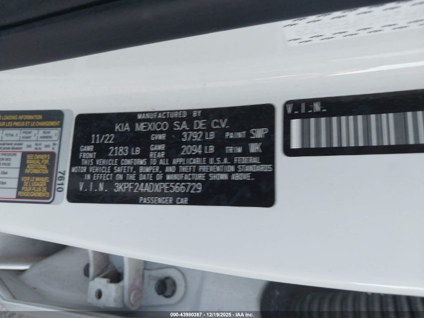 2023 Kia Forte Lxs VIN: 3KPF24ADXPE566729 Lot: 43980367