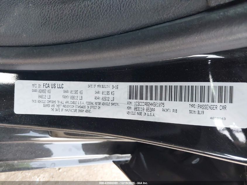 2017 Chrysler 200 Limited Platinum VIN: 1C3CCCAB2HN501075 Lot: 43980369