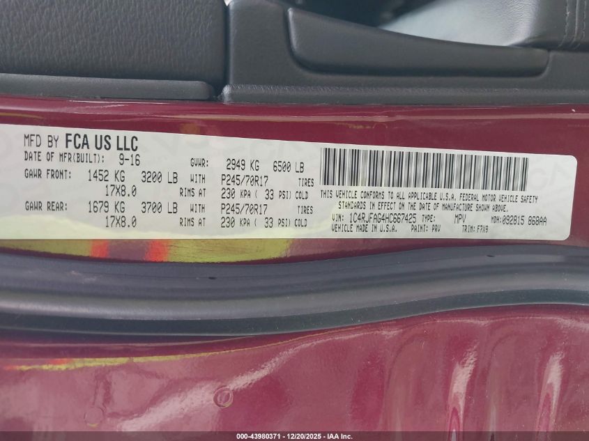 2017 Jeep Grand Cherokee Laredo 4X4 VIN: 1C4RJFAG4HC667425 Lot: 43980371