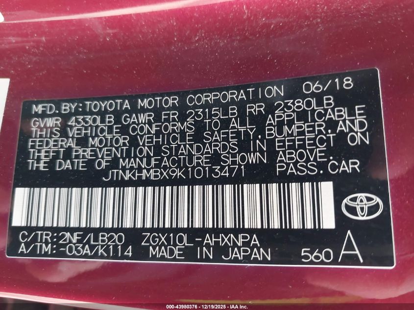 2019 Toyota C-Hr Limited VIN: JTNKHMBX9K1013471 Lot: 43980376