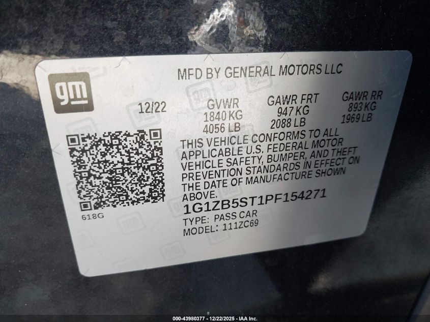 2023 Chevrolet Malibu Fwd Ls VIN: 1G1ZB5ST1PF154271 Lot: 43980377