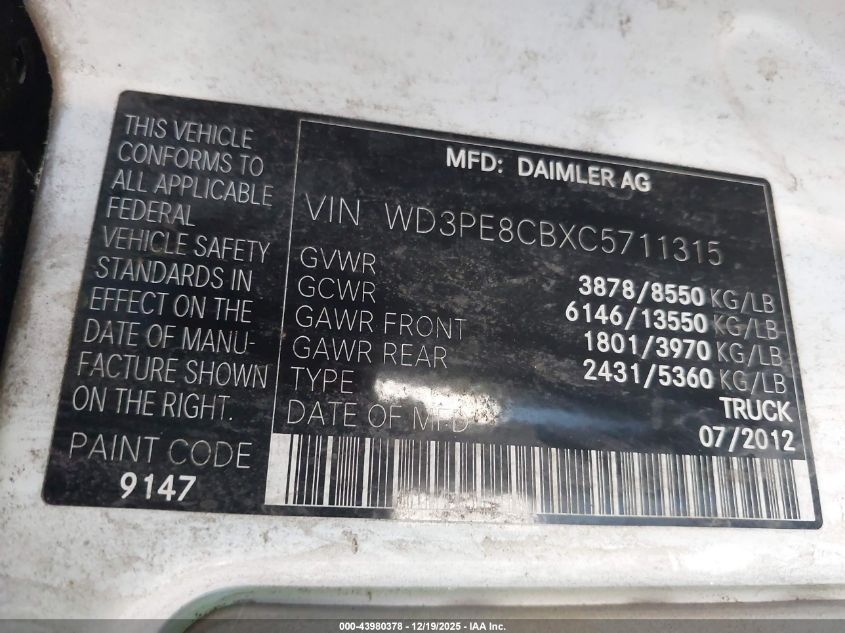 2012 Mercedes-Benz Sprinter 2500 High Roof VIN: WD3PE8CBXC5711315 Lot: 43980378