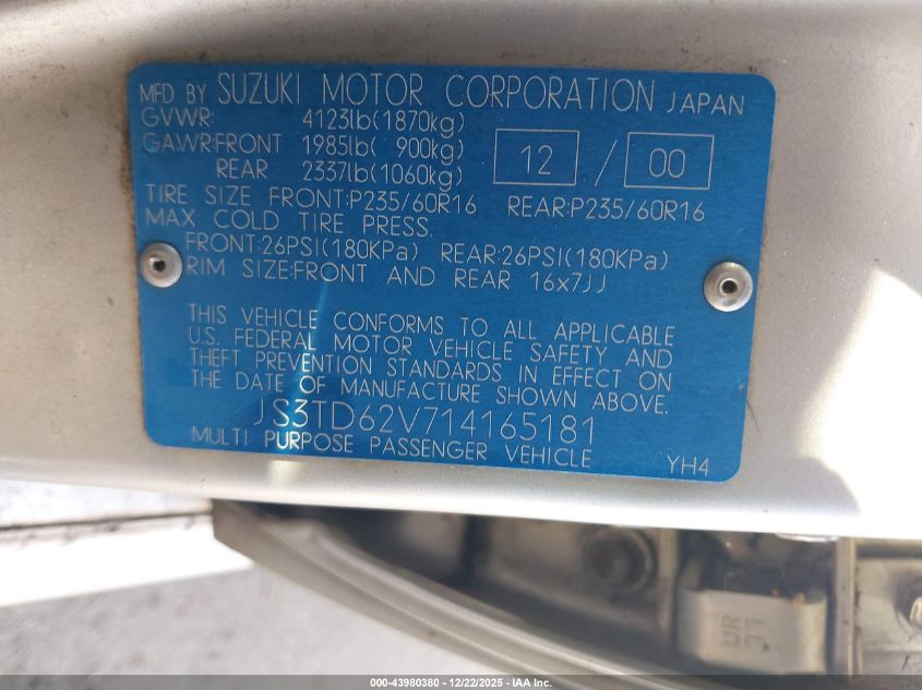 2001 Suzuki Grand Vitara Jlx/Jlx+/Limited VIN: JS3TD62V714165181 Lot: 43980380