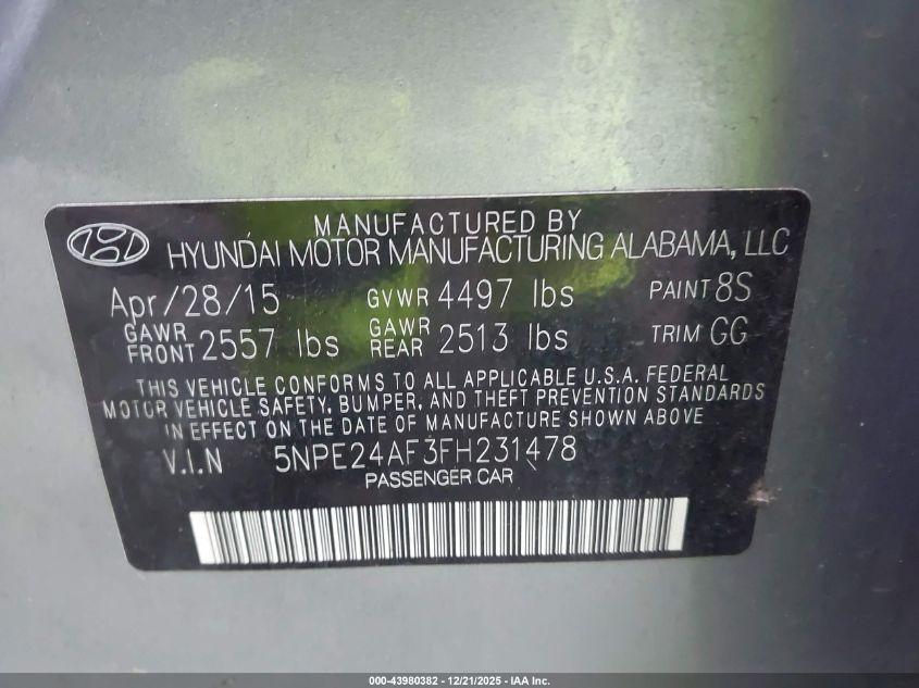 2015 Hyundai Sonata Se VIN: 5NPE24AF3FH231478 Lot: 43980382