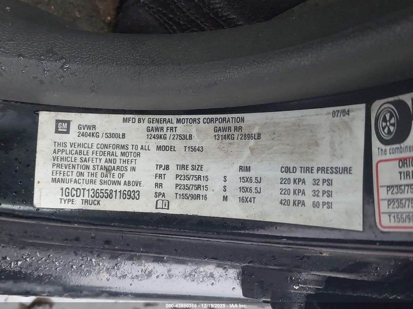 2005 Chevrolet Colorado Ls VIN: 1GCDT136558116933 Lot: 43980386