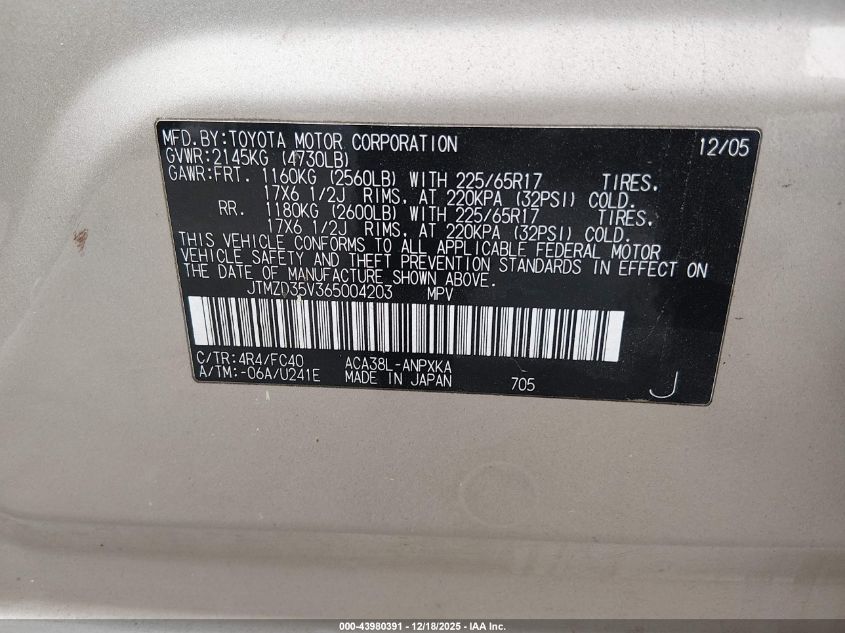 2006 Toyota Rav4 VIN: JTMZD35V365004203 Lot: 43980391