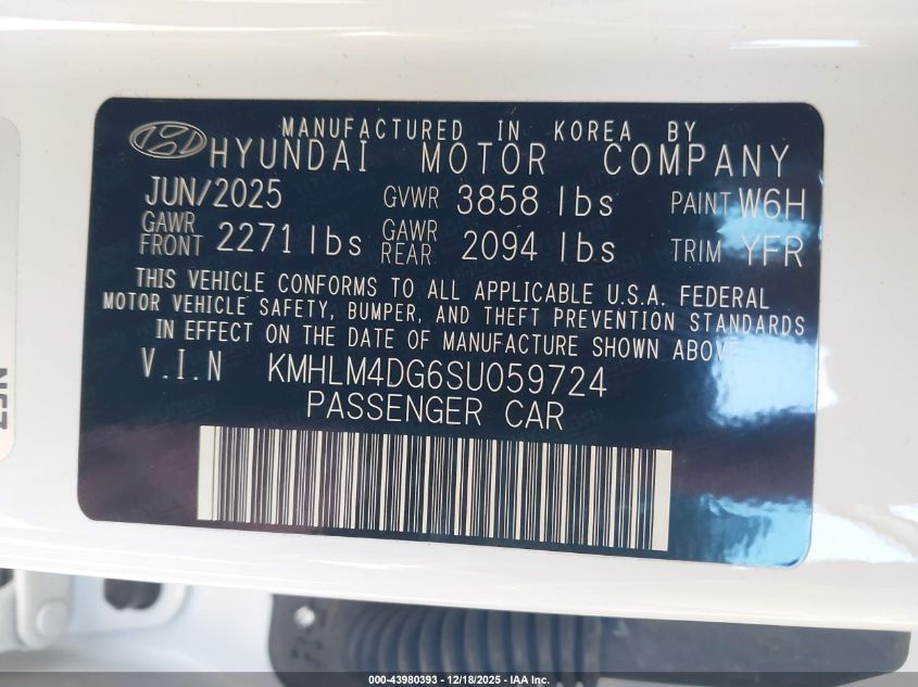 2025 Hyundai Elantra Sel Sport VIN: KMHLM4DG6SU059724 Lot: 43980393