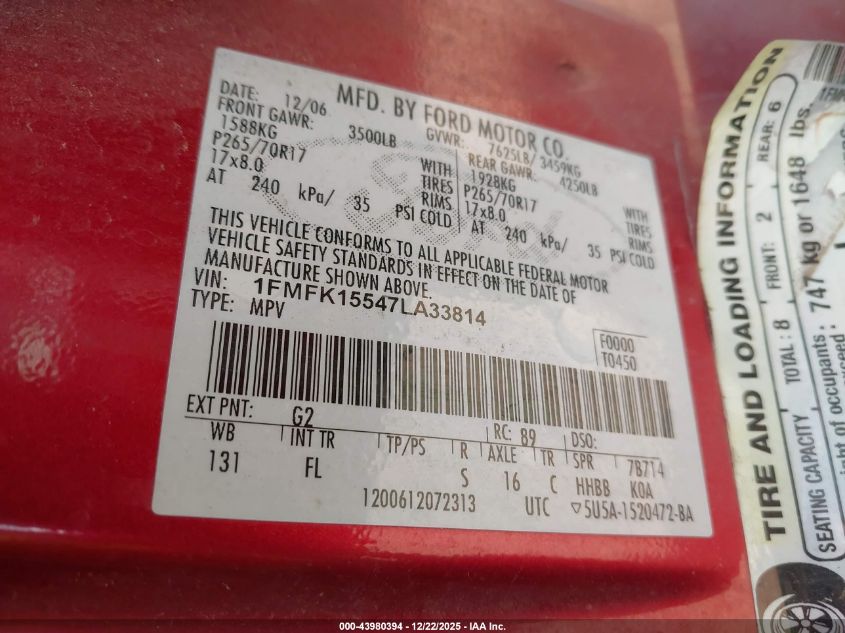 2007 Ford Expedition El Xlt VIN: 1FMFK15547LA33814 Lot: 43980394