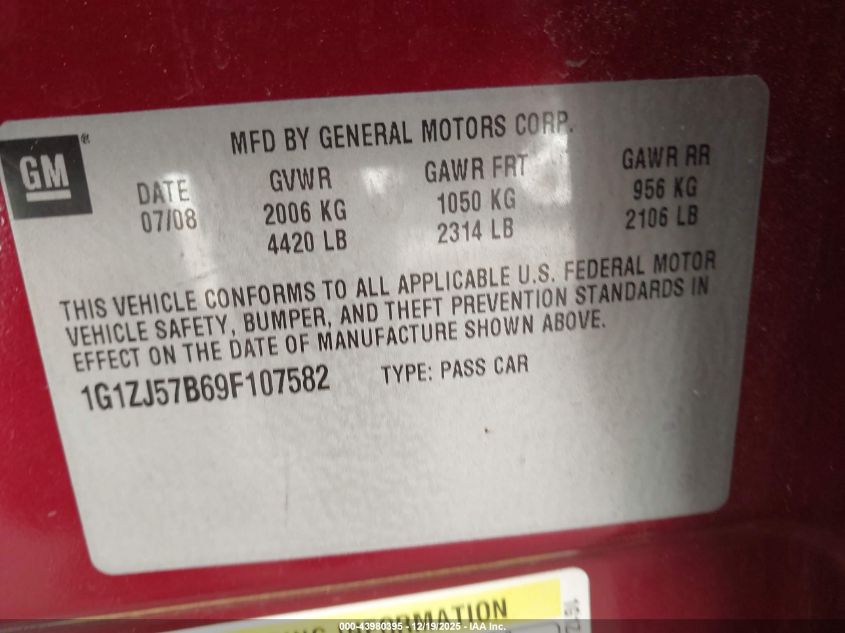 2009 Chevrolet Malibu Lt VIN: 1G1ZJ57B69F107582 Lot: 43980395