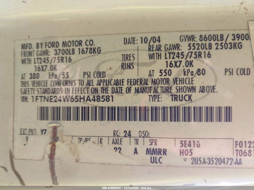 2005 Ford E-250 Commercial/Recreational VIN: 1FTNE24W65HA48581 Lot: 43980397