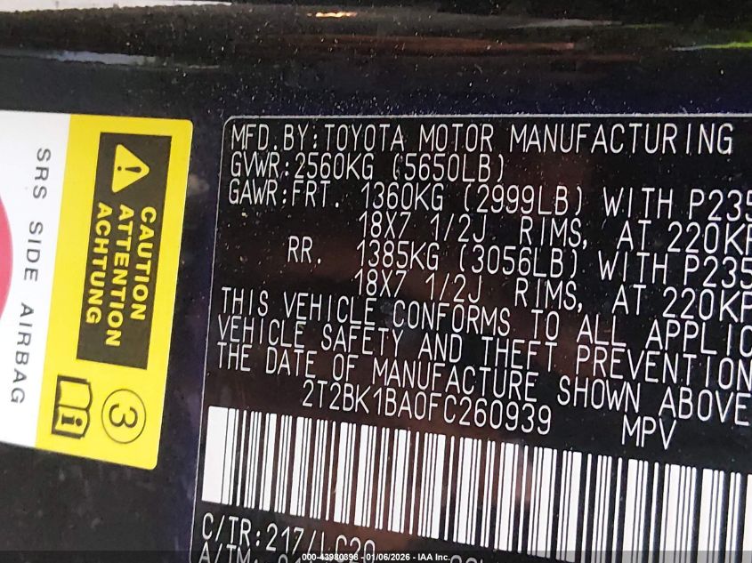 2015 Lexus Rx 350 VIN: 2T2BK1BA0FC260939 Lot: 43980398