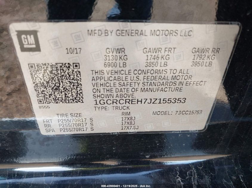2018 Chevrolet Silverado 1500 1Lt VIN: 1GCRCREH7JZ155353 Lot: 43980401