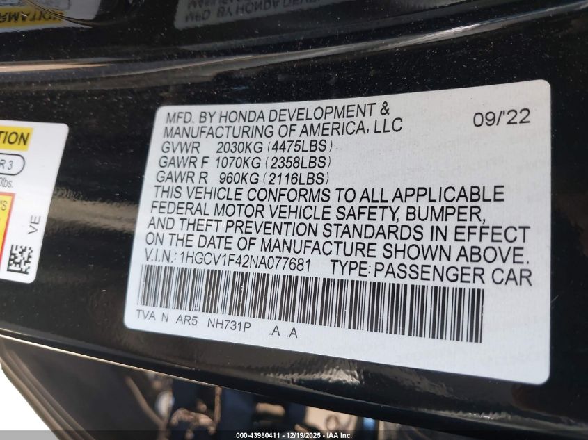 2022 Honda Accord Sport Special Edition VIN: 1HGCV1F42NA077681 Lot: 43980411