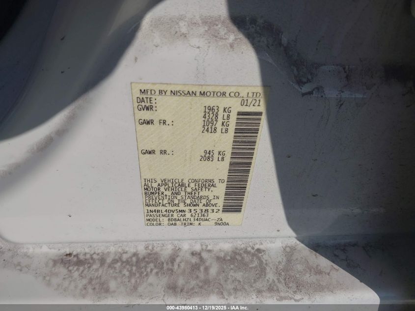 2021 Nissan Altima Sv Fwd VIN: 1N4BL4DV5MN353832 Lot: 43980413