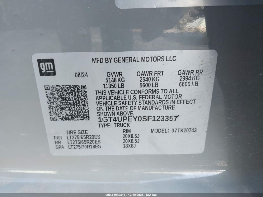 2025 GMC Sierra 2500Hd 4Wd Standard Bed At4 VIN: 1GT4UPEY0SF123357 Lot: 43980415