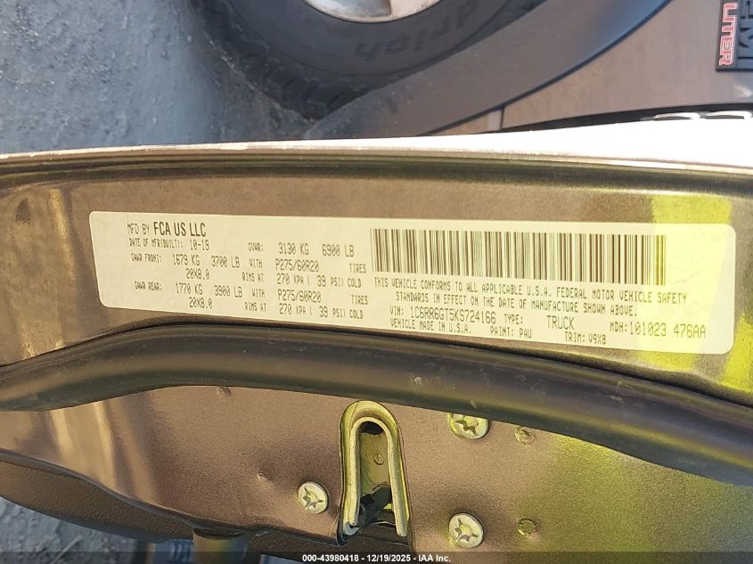 2019 Ram 1500 Classic Warlock 4X2 6'4 Box VIN: 1C6RR6GT5KS724166 Lot: 43980418