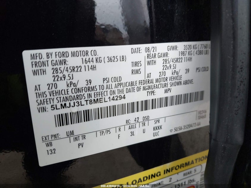 VIN 5LMJJ3LT8MEL14294 2021 LINCOLN NAVIGATOR RESERVE L