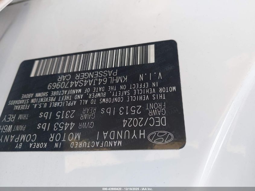 2025 Hyundai Sonata Sel VIN: KMHL64JA4SA470969 Lot: 43980420