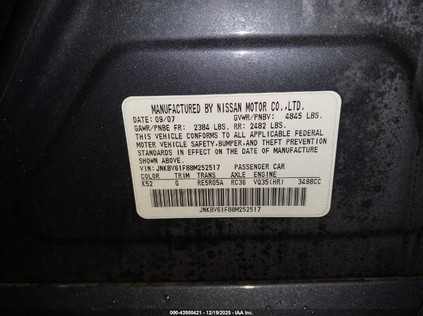 2008 Infiniti G35X VIN: JNKBV61F88M252517 Lot: 43980421