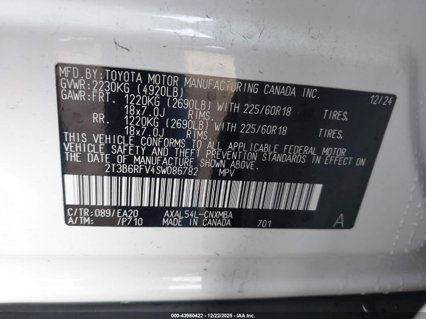 2025 Toyota Rav4 Hybrid Xle Premium VIN: 2T3B6RFV4SW086782 Lot: 43980422