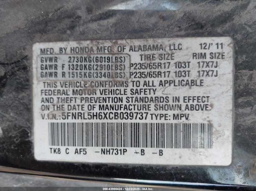 2012 Honda Odyssey Ex-L VIN: 5FNRL5H6XCB039737 Lot: 43980424