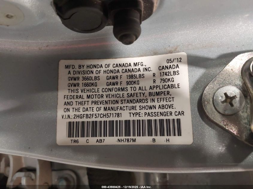 2012 Honda Civic Lx VIN: 2HGFB2F57CH571781 Lot: 43980425