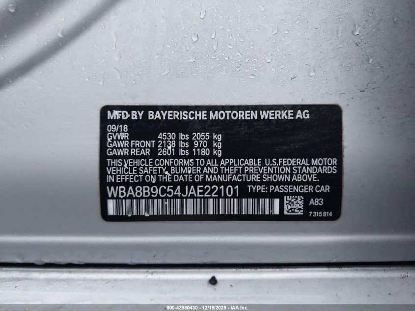 2018 BMW 330I VIN: WBA8B9C54JAE22101 Lot: 43980430