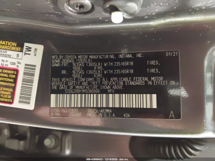 2021 Toyota Highlander Xle VIN: 5TDGZRBH1MS086868 Lot: 43980433