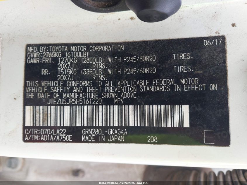 2017 Toyota 4Runner Limited VIN: JTEZU5JR5H5161220 Lot: 43980434