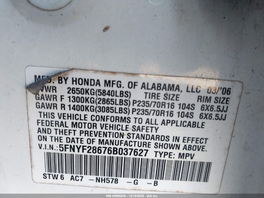 2006 Honda Pilot Ex-L VIN: 5FNYF28676B037627 Lot: 43980435
