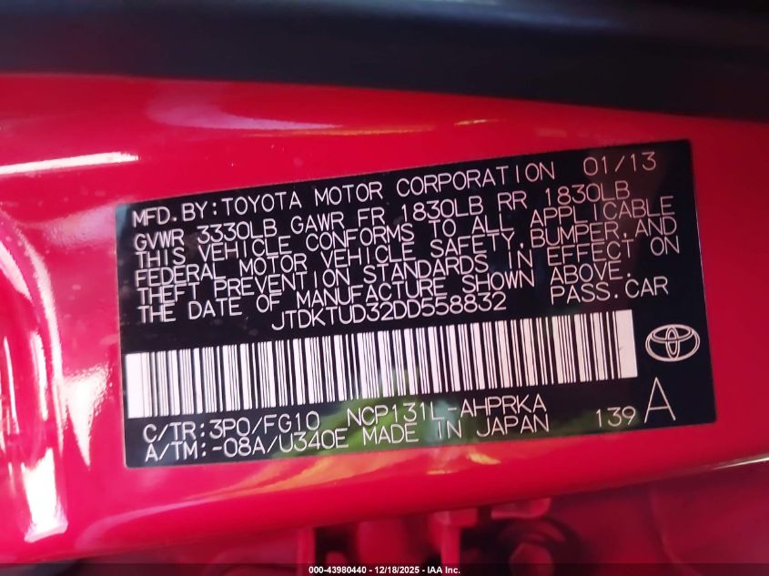 2013 Toyota Yaris L VIN: JTDKTUD32DD558832 Lot: 43980440