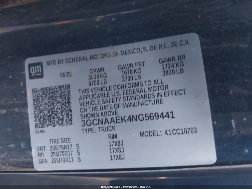 2022 Chevrolet Silverado 1500 2Wd Standard Bed Wt VIN: 3GCNAAEK4NG569441 Lot: 43980443